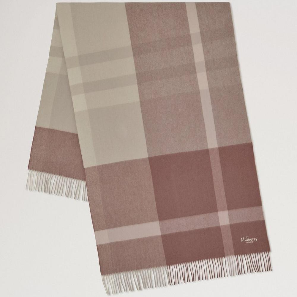 Mulberry Large Check Merino Wool Scarf, checkered wool scarf in pink and powder with fringes, Model VS4295889J645.