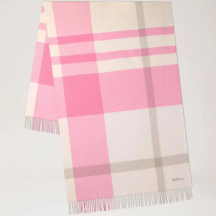 Mulberry Large Check Merino Wool Scarf Blossom Pink and Geranium Pink with checked pattern and fringes. Model VS4295889J008