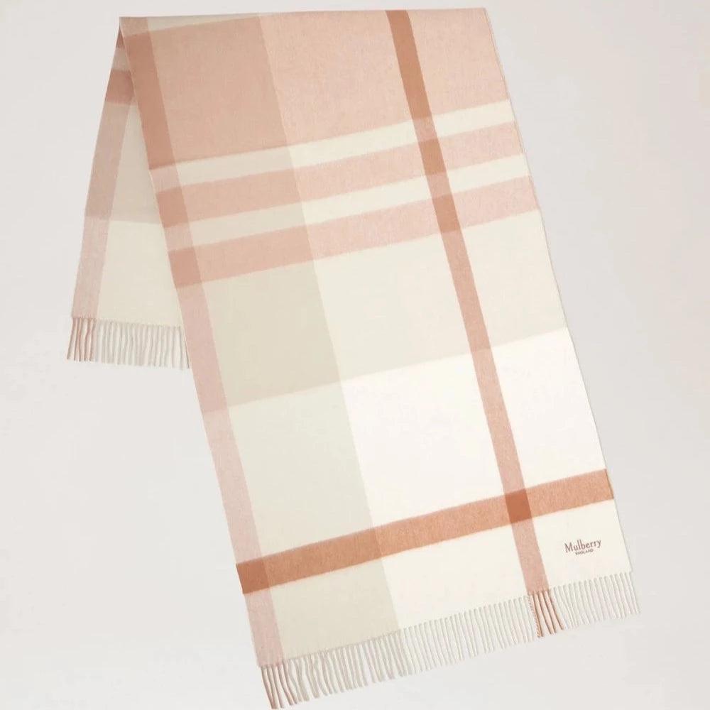 Mulberry Large Check Merino Wool Scarf shown unfolded with check pattern in beige and white, Model VS4295889E640.