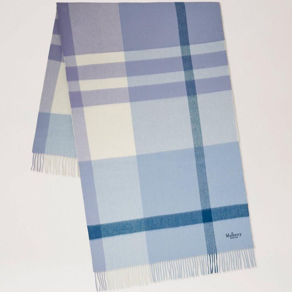 Mulberry Large Check Merino Wool Scarf Poplin Blue White in blue and white checked wool, Model VS4295889U910.