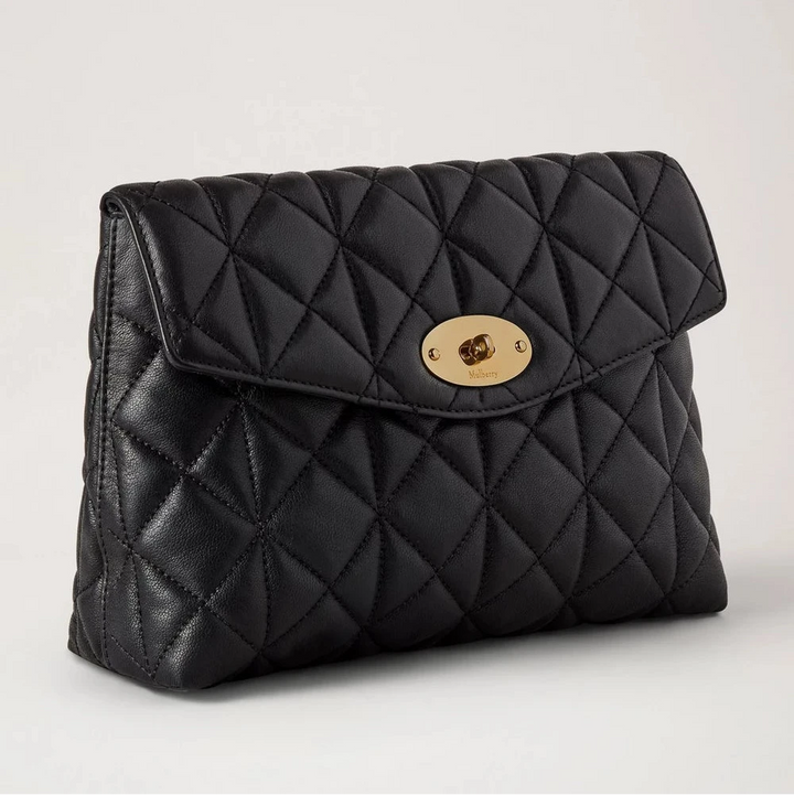 Mulberry Large Darley Cosmetic Pouch in black quilted leather with gold buckle. Model RL8897676A100.