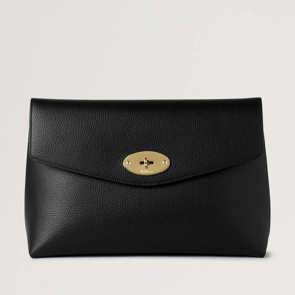 Mulberry Large Darley Cosmetic Pouch Black Small Classic Grain with golden clasp, black leather. Model RL8849205A100