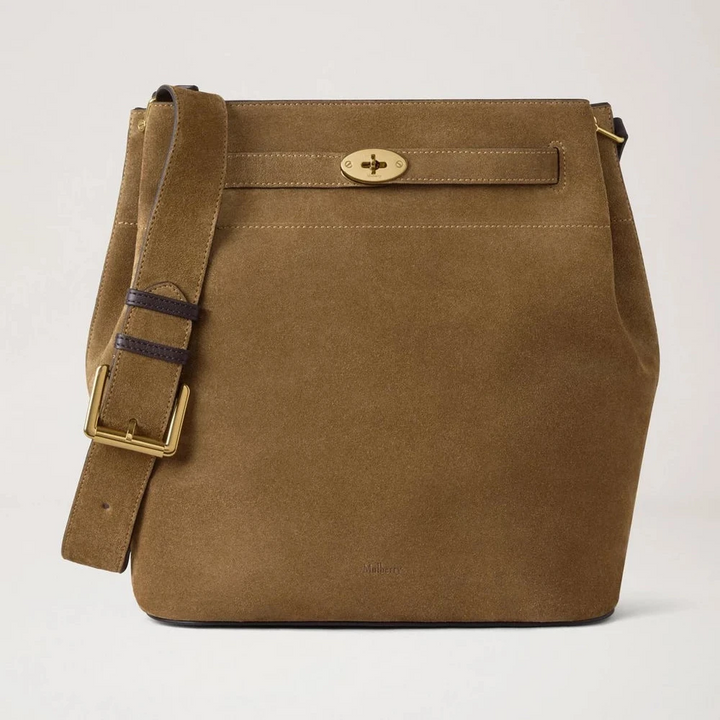 Mulberry Large Islington Bucket Salcombe Sand Suede bag in sand-colored suede with wide shoulder strap. Model HH9883047P705