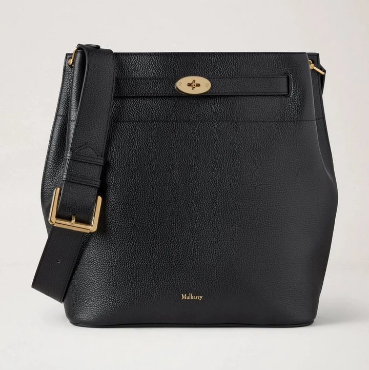 Mulberry Large Islington Bucket Small Classic Grain Black with wide shoulder strap and gold details, Model HH9825205A100.