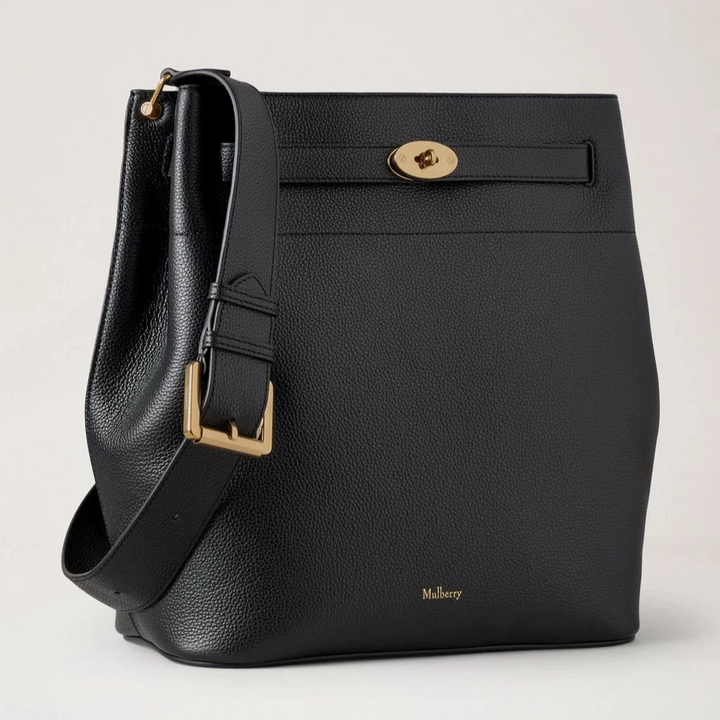 Mulberry Large Islington Bucket Small Classic Grain Black bag in black leather with gold details, Model hh9825205a100.