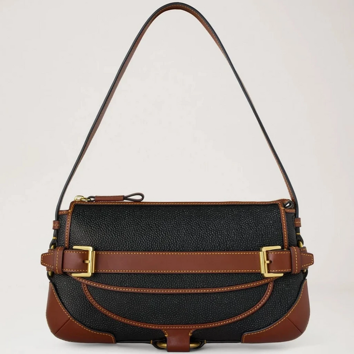 Mulberry Lennox Shoulder Bag in black and cognac bio-based Scotchgrain with details, Model HH0015127A340.