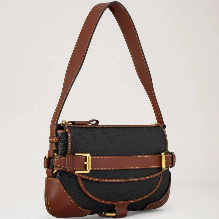 Mulberry Lennox Shoulder Bag shows black and cognac colored leather shoulder bag with gold details. Model HH0015127A340.