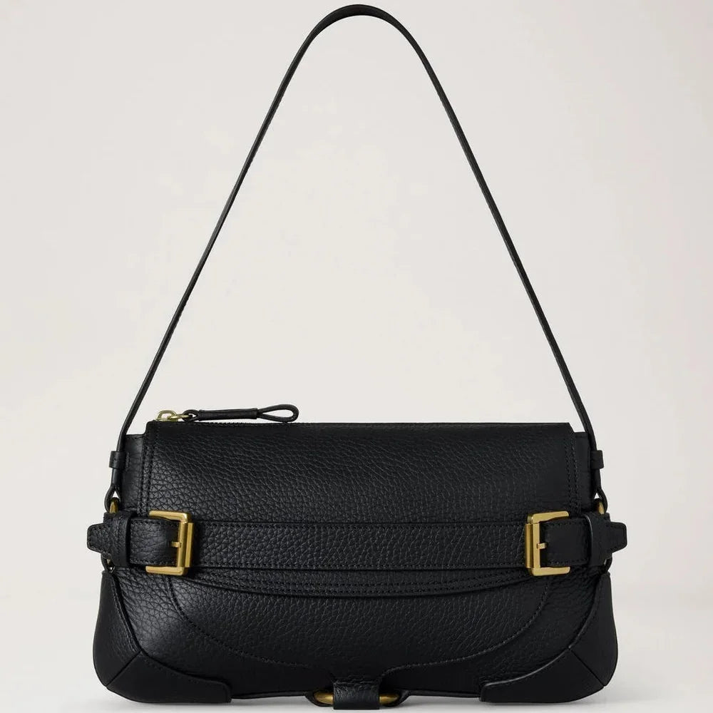 Mulberry Lennox Shoulder Heavy Grain Black shoulder bag in black leather with gold-colored buckles, Model hh0030736a100