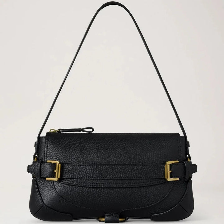 Mulberry Lennox Shoulder Heavy Grain Black shoulder bag in black leather with gold-colored buckles, Model hh0030736a100