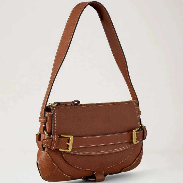 Mulberry Lennox Shoulder Heritage NVT Oak shoulder bag in brown leather with golden buckles, Model HH9961730G110