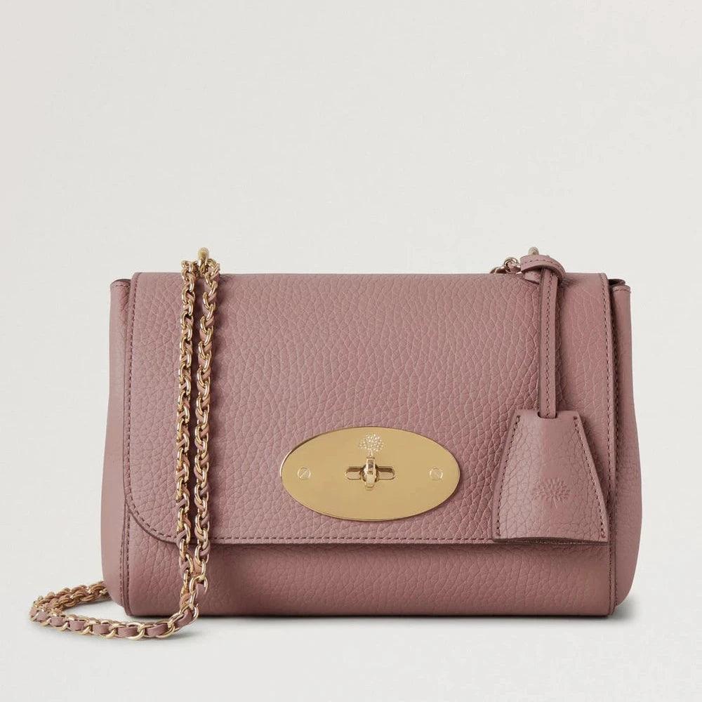 Mulberry Lily Autumn Rose Heavy Grain shoulder bag in pink leather with gold chain and clasp, Model HH6950736J997.