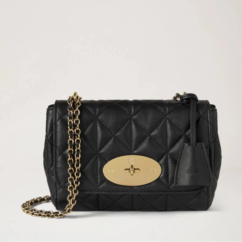 Mulberry Lily Black Quilting, small black quilted leather shoulder bag with gold chain strap. Model HH9913676A100