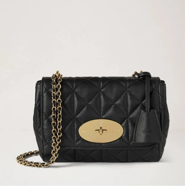 Mulberry Lily Black Quilting, small black quilted leather shoulder bag with gold chain strap. Model HH9913676A100