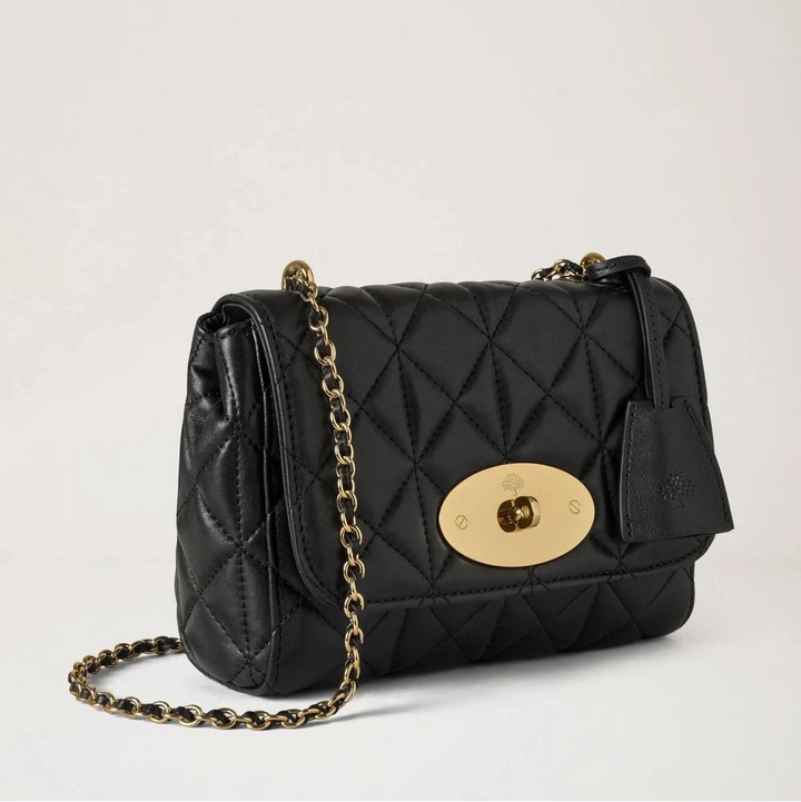 Mulberry Lily Black Quilting handbag with chain strap and golden buckle, black leather, Model HH9913676A100