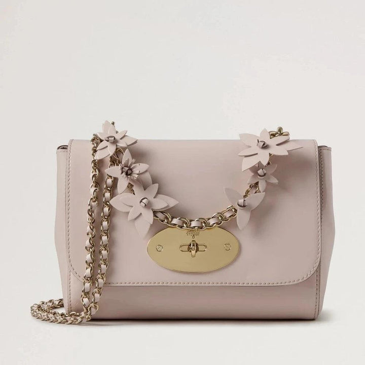 Mulberry Lily Blossom Pink Soft Patent and Flowers, crossbody bag in pink lacquer with gold chain, Model HH9731710J002-1.