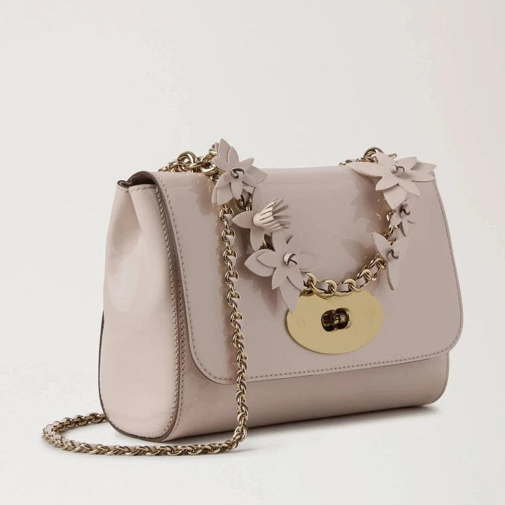 Mulberry Lily Blossom Pink Soft Patent and Flowers shoulder bag in pink leather with gold chain and flower details, Model HH9731710J002.