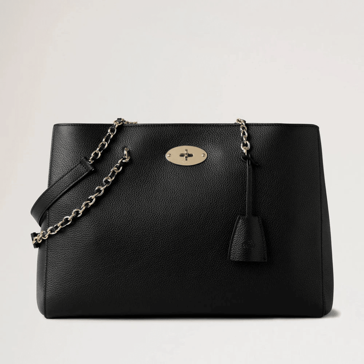 Mulberry Lily Chain Tote Small Classic Grain Black, elegant black leather bag with gold-colored chain strap. Model HH9576205A100