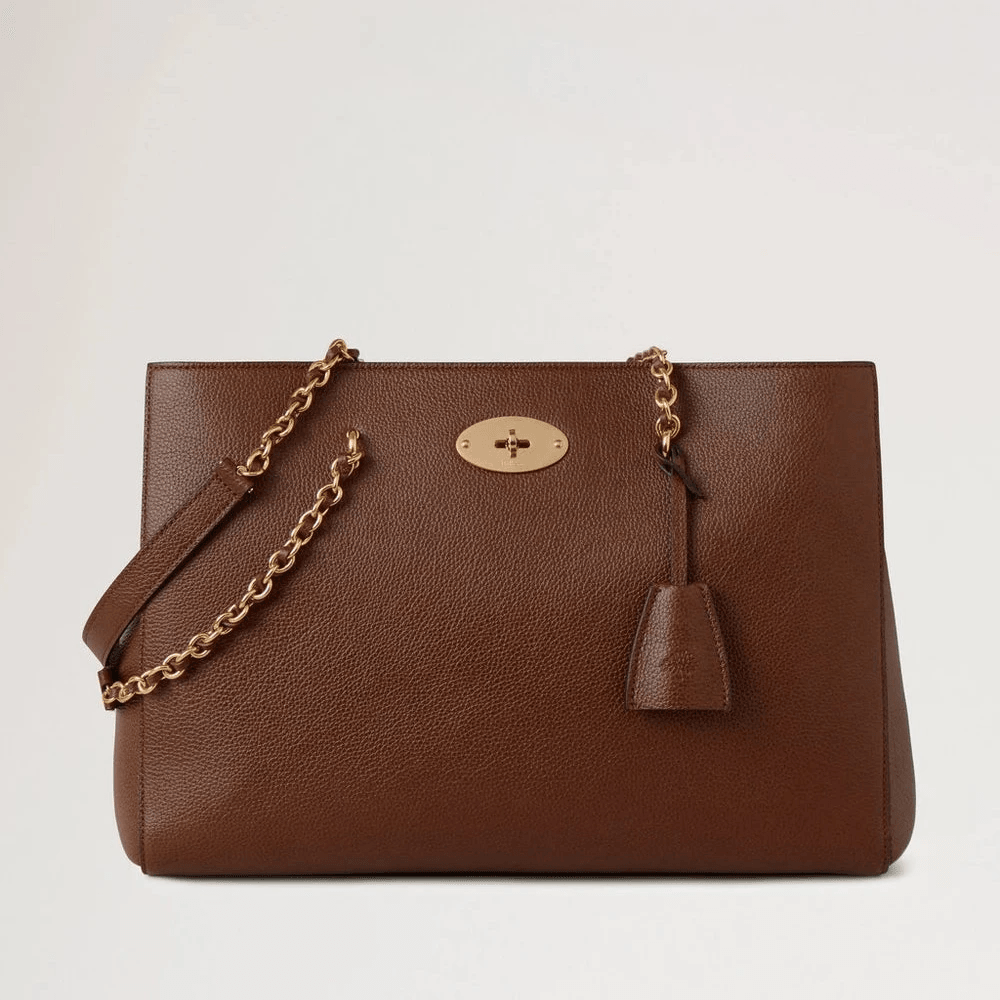 Mulberry Lily Chain Tote Small Classic Grain Oak Two Tone, brown leather bag with gold chain and details. Model HH9577552G110