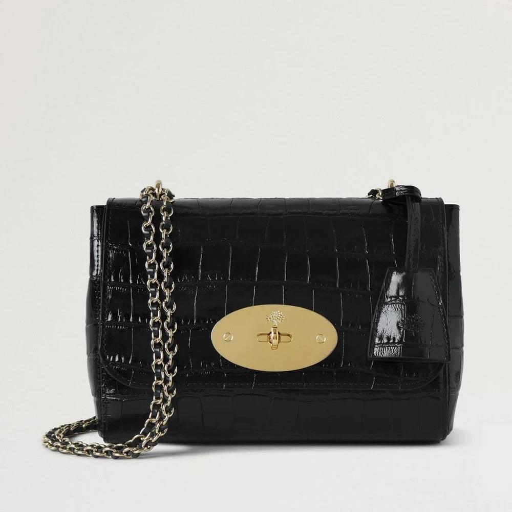Mulberry Lily Croc Black in black embossed leather with gold chain strap and clasp. Model HH9590641A100.