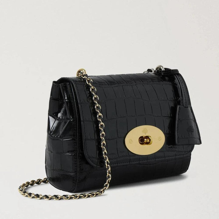 Mulberry Lily Croc Black shoulder bag in black, shiny crocodile-embossed leather with gold chain. Model hh9590641a100.