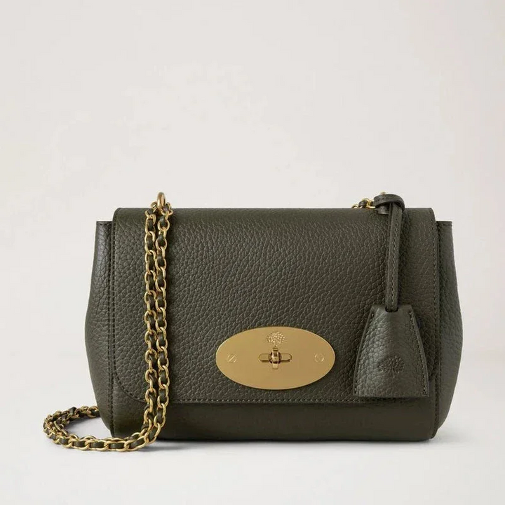 Mulberry Lily Heavy Grain Juniper Green shoulder bag in dark green leather with gold chain. Model HH6950736Q749