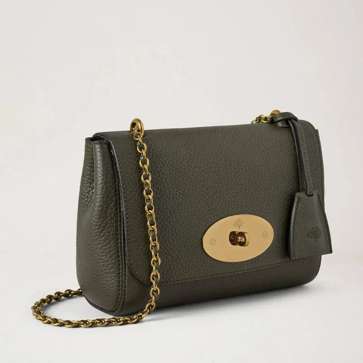 Mulberry Lily Heavy Grain Juniper Green shoulder bag in dark green leather with gold chain, Model HH6950736Q749.