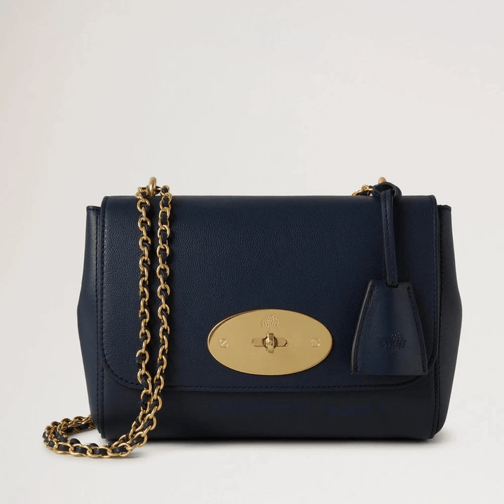 Mulberry Lily Micro Classic Grain Night Sky, dark blue leather bag with gold chain and clasp, Model HH9179587U888.