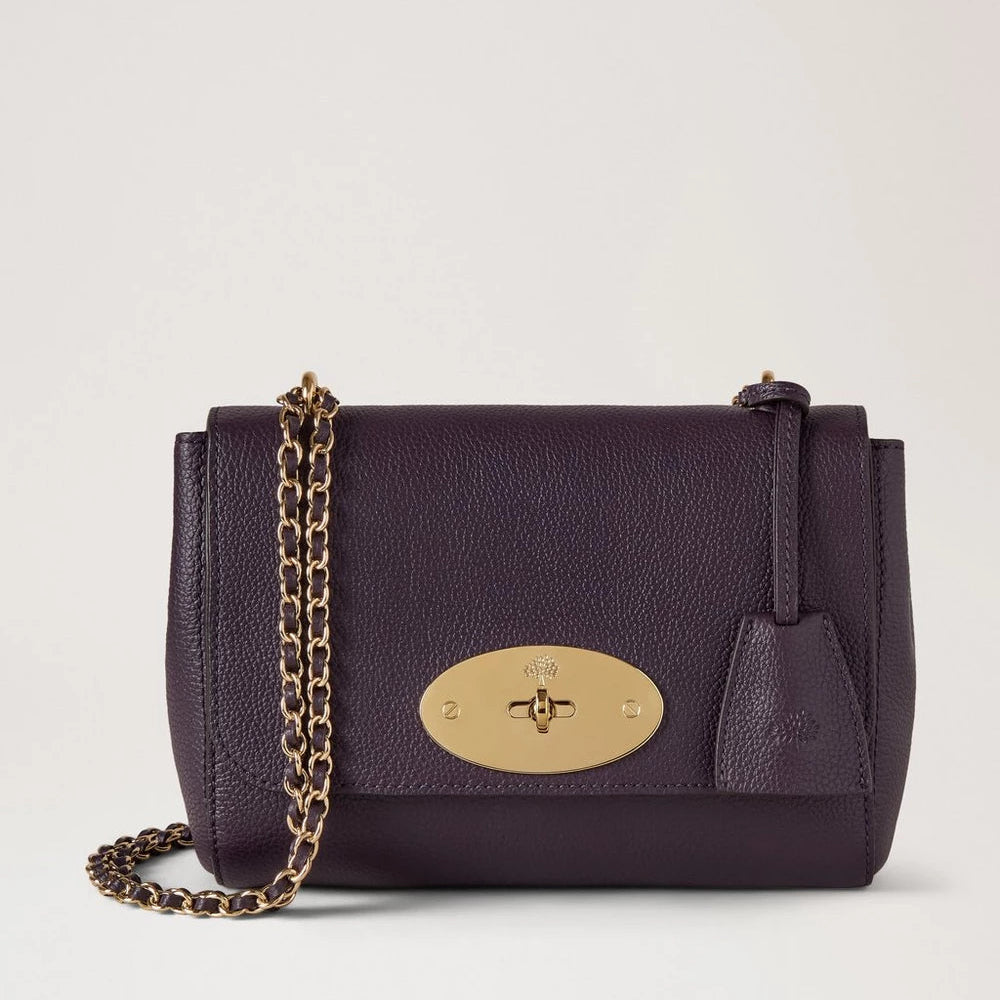 Mulberry Lily Small Classic Grain Deep Aubergine shoulder bag in dark purple leather with gold chain, Model HH3291205V697.
