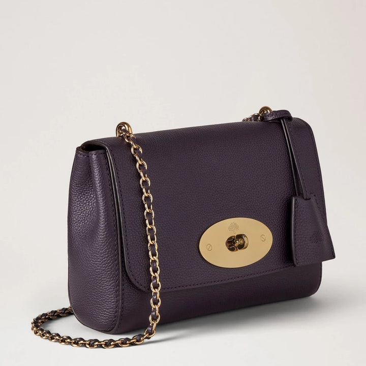 Mulberry Lily Small Classic Grain Deep Aubergine shoulder bag in dark purple leather with gold chain. Model HH3291/205V697
