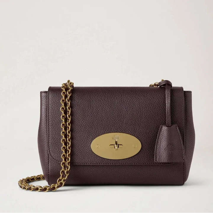 Mulberry Lily Small Classic Grain Ebony shoulder bag in dark brown leather with gold chain on light background. Model HH3291205A110