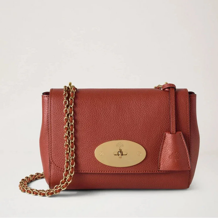 Mulberry Lily Small Classic Grain rust-colored leather bag with golden chain strap, Model HH3291205L190.