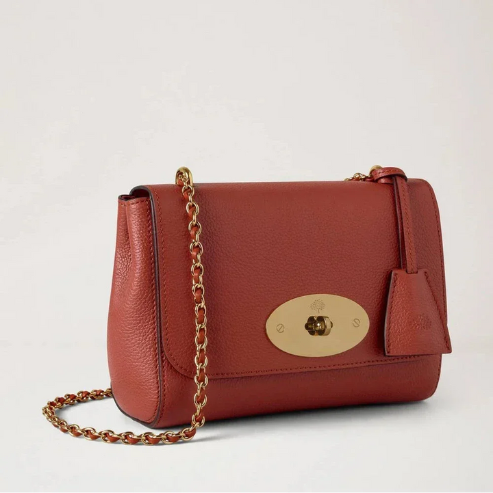 Mulberry Lily Small Classic Grain Rust shoulder bag in maroon leather with golden chain strap. Model HH3291205L190