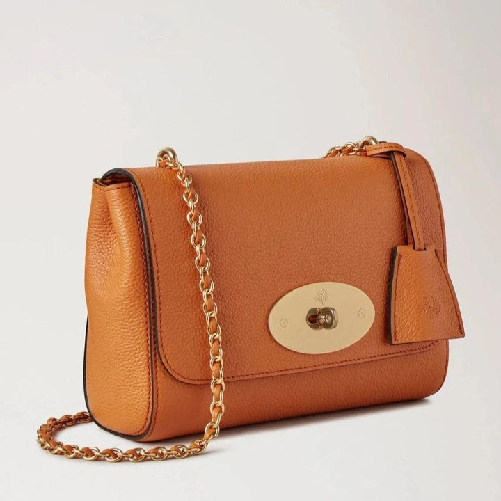 Mulberry Lily Small Classic Grain Sunset shoulder bag in smooth orange leather with gold chain. Model HH3291205N691.