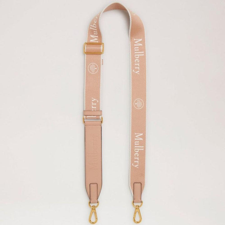 Mulberry logo webbing strap in maple, adjustable beige strap with golden buckles, Model RX0283000E631