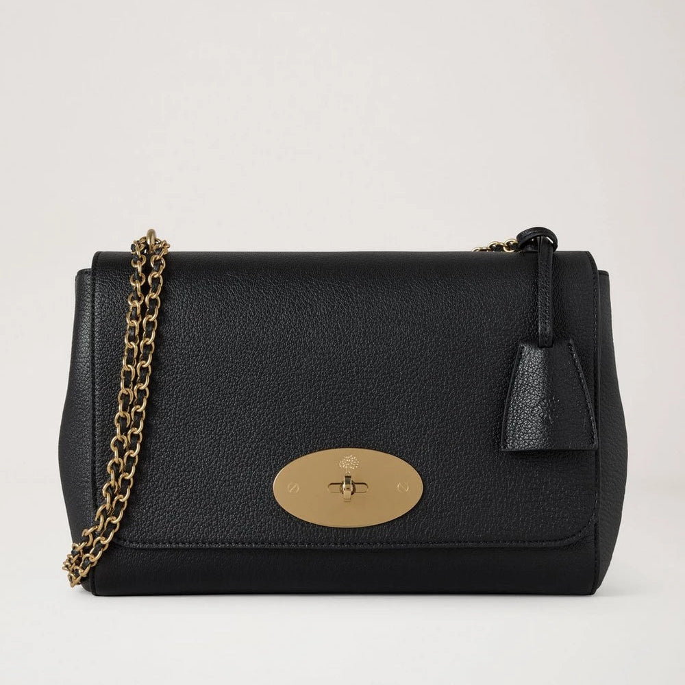 Mulberry Medium Lily black glossy goat shoulder bag in black leather with golden chain strap and logo, Model HH0023874A100