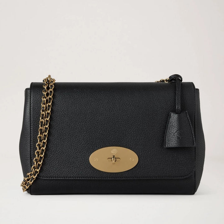 Mulberry Medium Lily black glossy goat shoulder bag in black leather with golden chain strap and logo, Model HH0023874A100