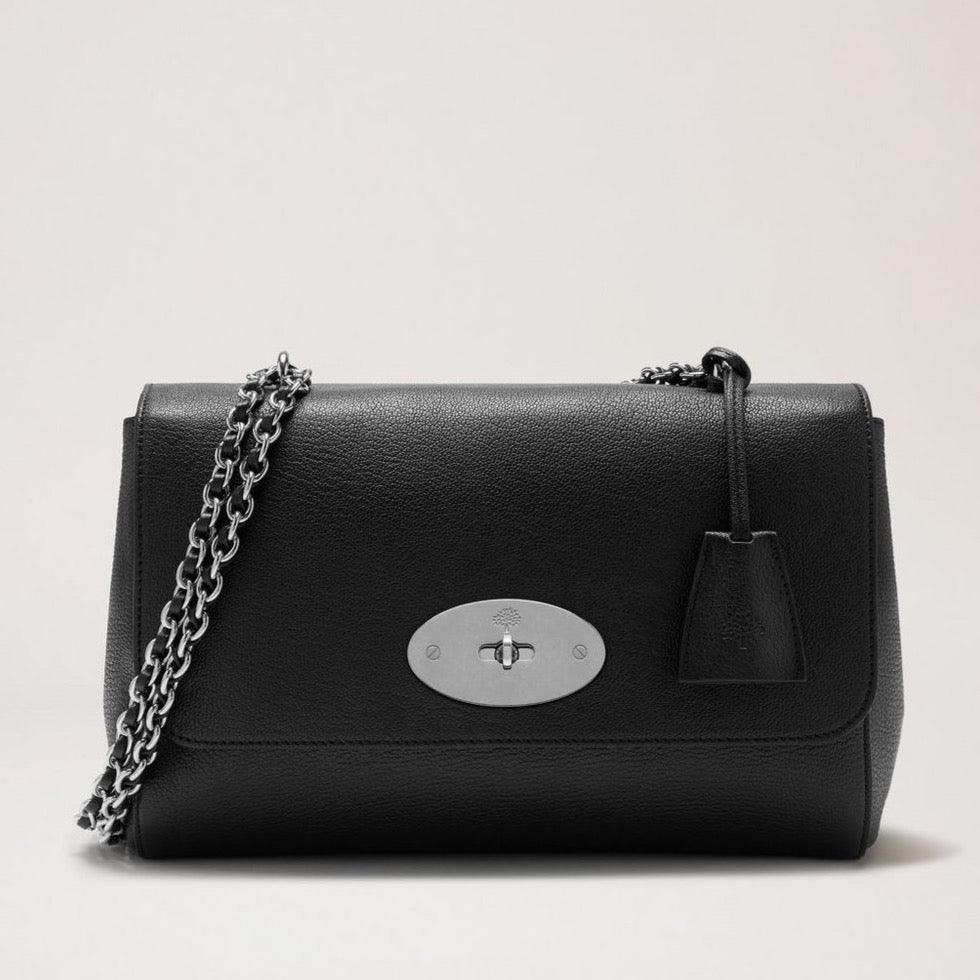 Mulberry Medium Lily Glossy Goat Black Silver-Toned Shoulder Bag in Black Leather with Chain Strap, Model HH2557874A237