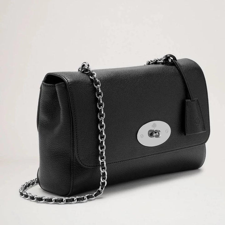 Mulberry Medium Lily Glossy Goat Black Silver-Toned shoulder bag in black leather with silver chain, Model HH2557874A237.