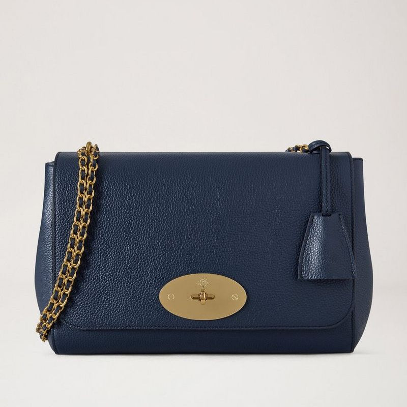 Mulberry Medium Lily Night Sky Small Classic Grain leather bag in dark blue with chain strap and gold details. Model hh0024205u888