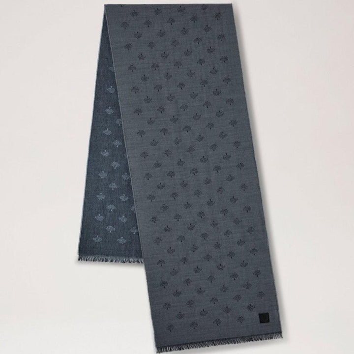 Mulberry Mens Scarf Tree Jacquard Charcoal with tree pattern in dark gray shades, slightly frayed edge. Model VS4784950C110