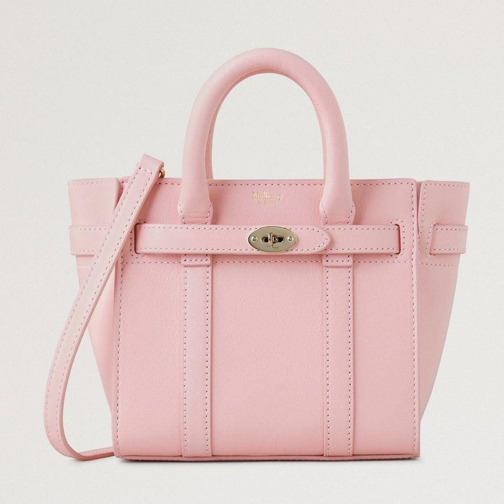 Mulberry Micro Zipped Bayswater Micro Classic Grain Powder Rose bag in pink leather with handle and shoulder strap. Model RL8237587J999