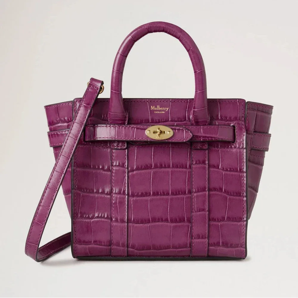 Mulberry Micro Zipped Bayswater Orchid Bloom Shiny Small Croc, purple handbag in croco-embossed leather with gold buckle. Model rl8691641j512