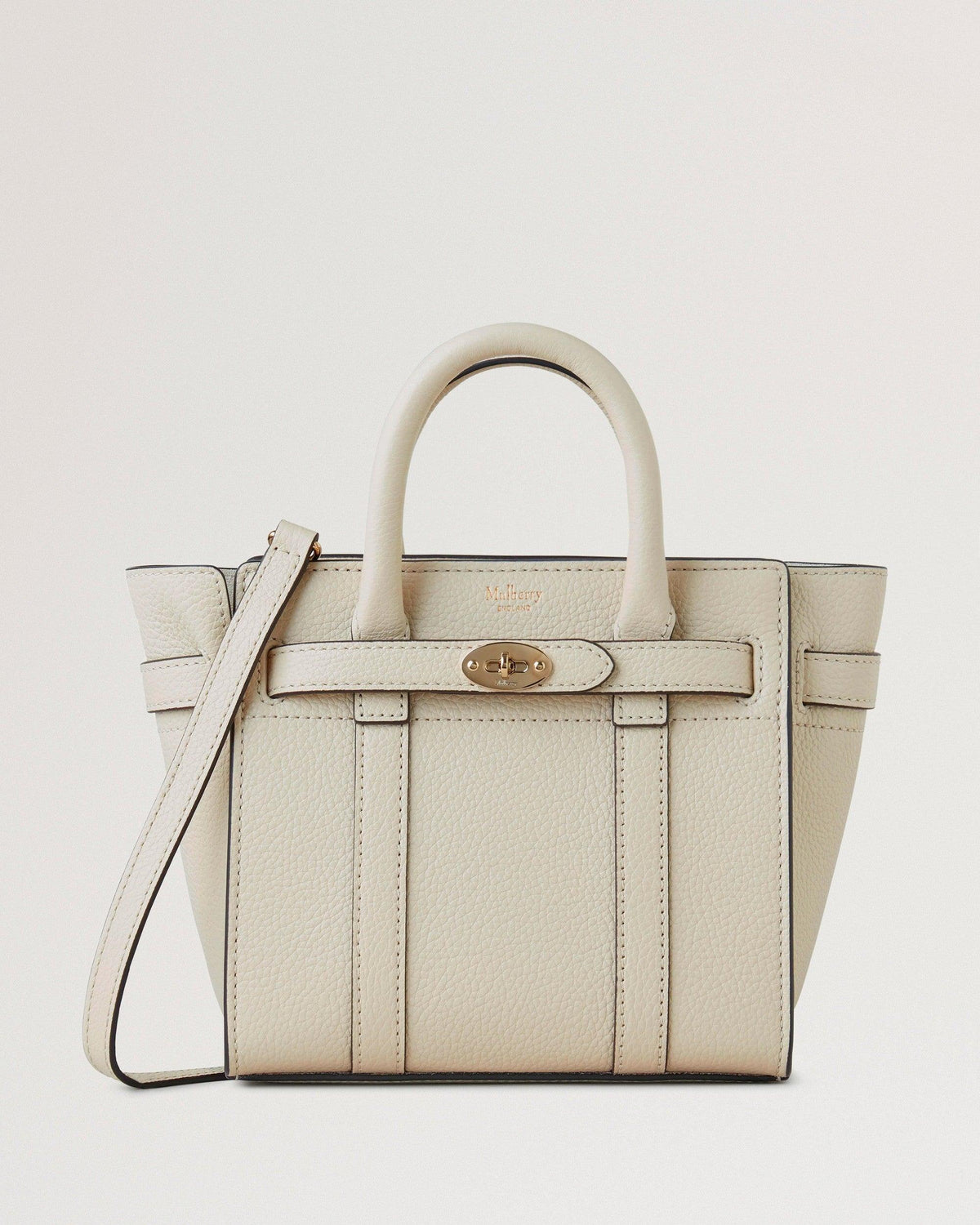 Mulberry Micro Zipped Bayswater Small Classic Grain Chalk, front view of light leather bag with handle and shoulder strap, Model RL5476/205W160