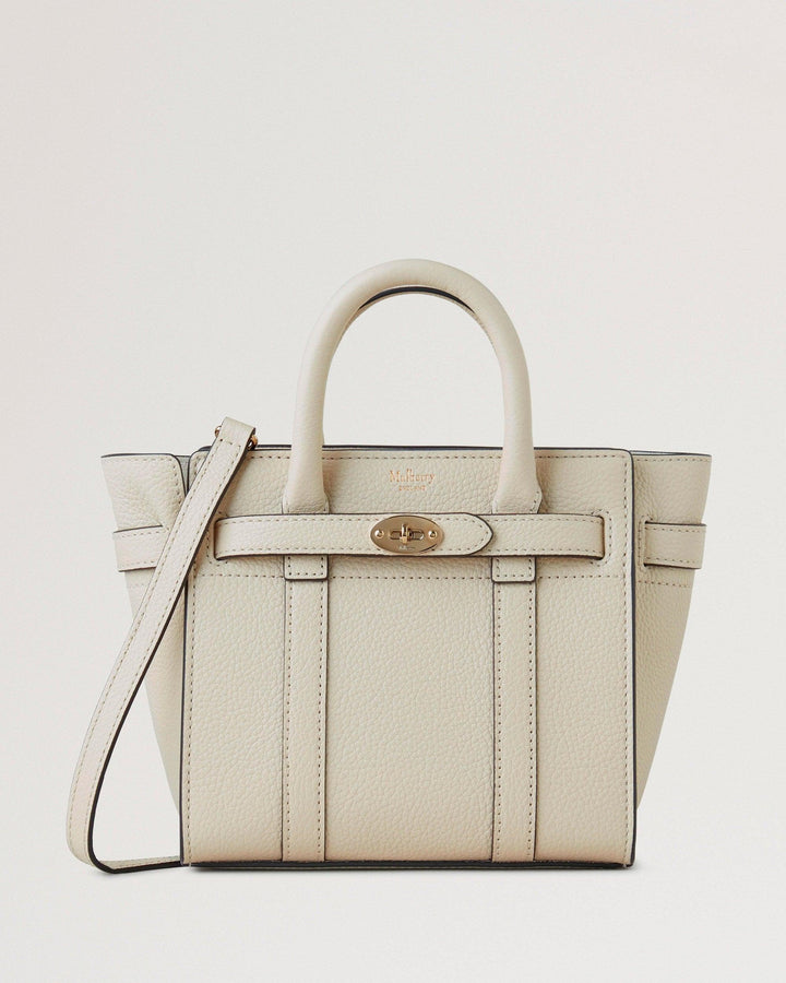 Mulberry Micro Zipped Bayswater Small Classic Grain Chalk, front view of light leather bag with handle and shoulder strap, Model RL5476/205W160