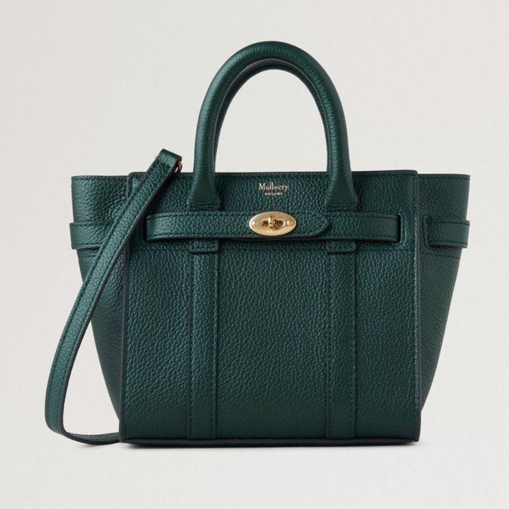 Mulberry Micro Zipped Bayswater Small Classic Grain Mulberry Green shows a green leather bag with gold buckle, Model RL5476/205Q633