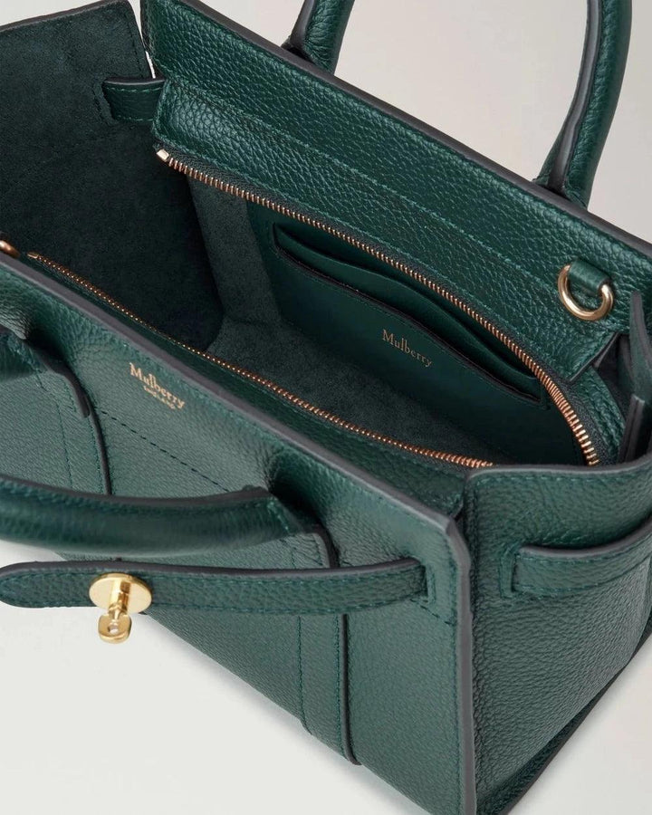 Mulberry Micro Zipped Bayswater Small Classic Grain Mulberry Green bag with open zip, green leather and inside detail, Model RL5476205Q633.