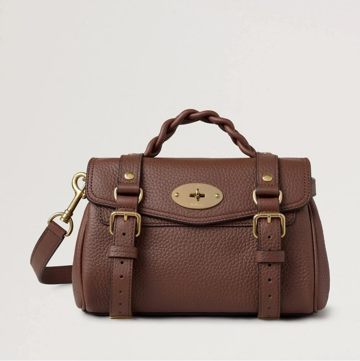 Mulberry Mini Alexa Bright Oak Heavy Grain, brown leather bag with braided handle and gold details. Model rl6595736g222.