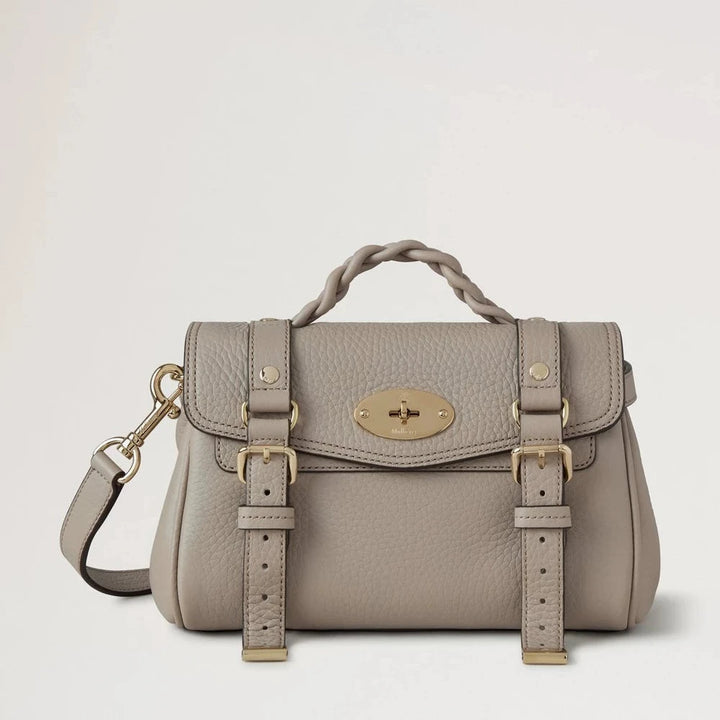 Mulberry Mini Alexa Cashmere Taupe Heavy Grain, shoulder bag in beige leather with braided handle. Model RL6595736F924.