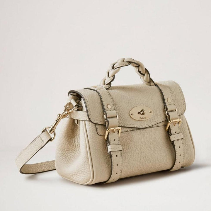 Mulberry Mini Alexa Chalk, small sand-colored leather bag with braided handle and gold details. Model RL6595736W160