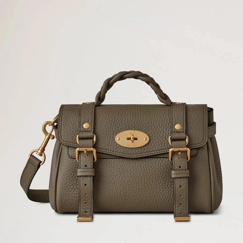 Mulberry Mini Alexa Heavy Grain Linen Green shoulder bag in grained green leather with braided handle and gold buckles. Model RL6595736R563